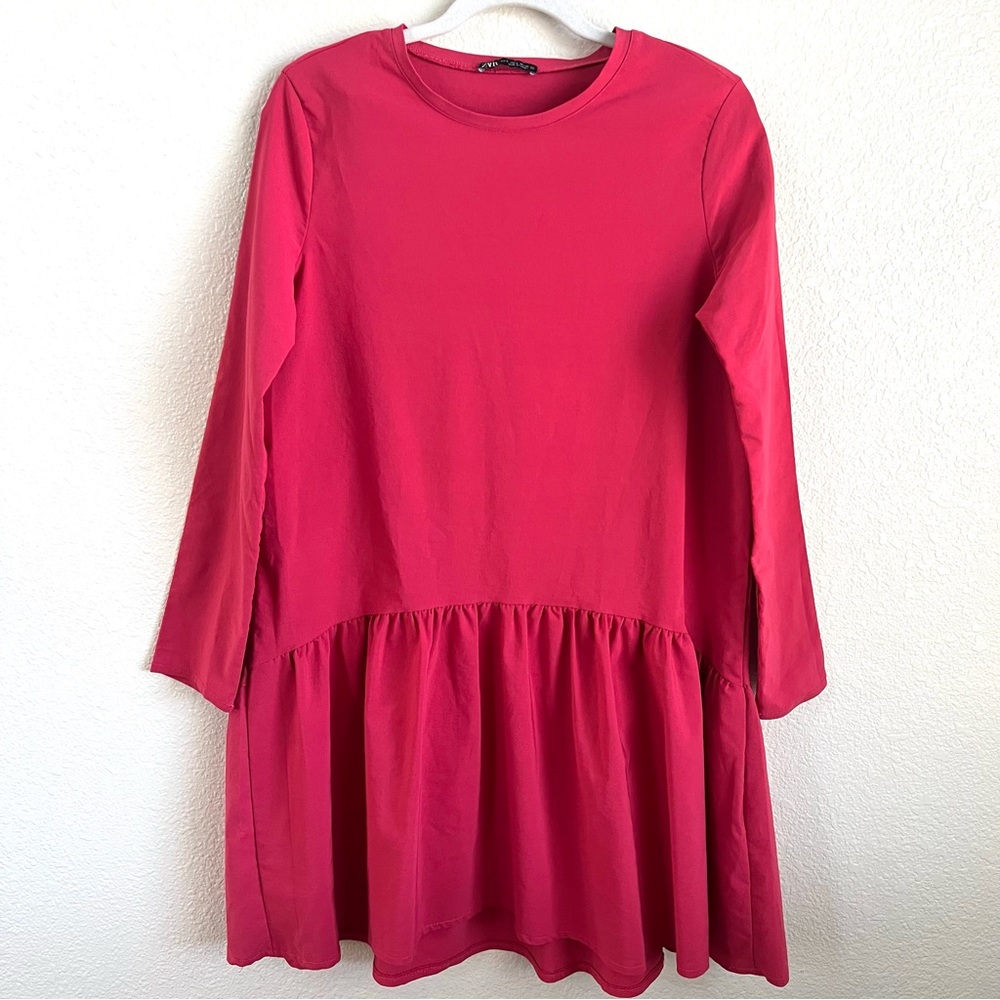 Zara Women's Dress Pink Long Sleeve Ruffle Hem Knee Length Size Small